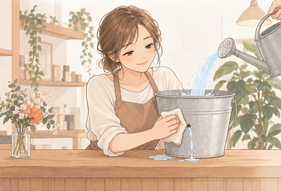 バケツの穴を布で塞ぎながら水を受ける店舗オーナーのイラスト
