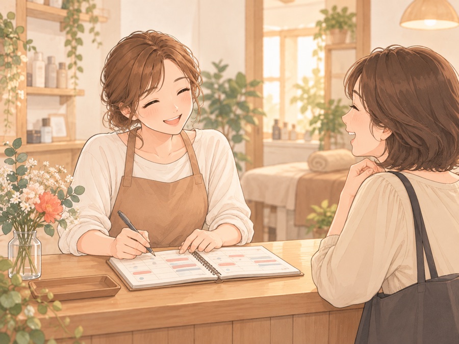 常連のお客さんと笑顔で次回の予約を話す店舗オーナーのイラスト