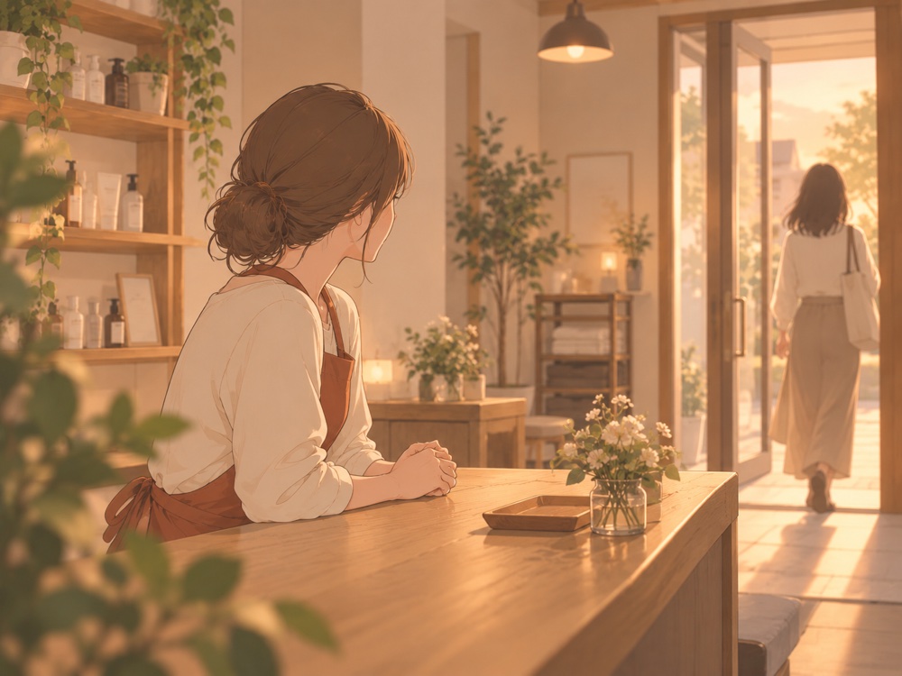 帰っていくお客さんの後ろ姿を見送る店舗オーナーのイラスト