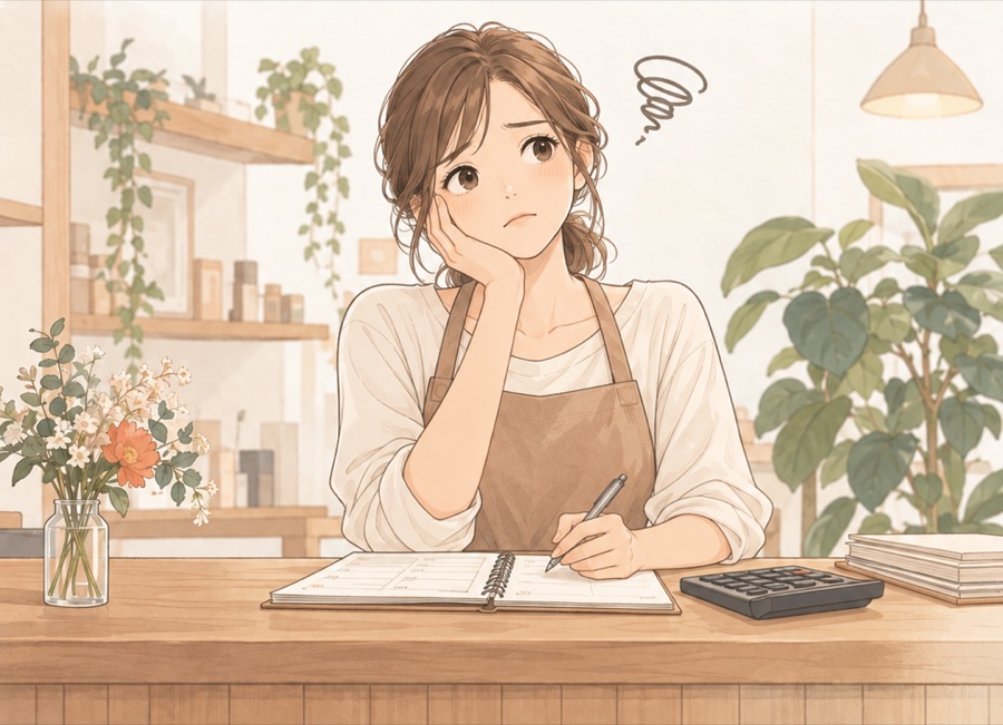 予約ノートを前に考え込む店舗オーナーのイラスト