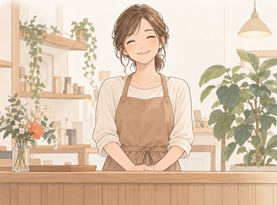 カウンターで穏やかに微笑む店舗オーナーのイラスト