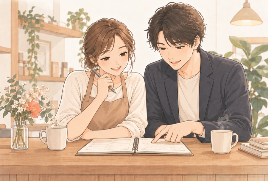店舗オーナーとコンサルタントが横に並んで同じノートを見ているイラスト