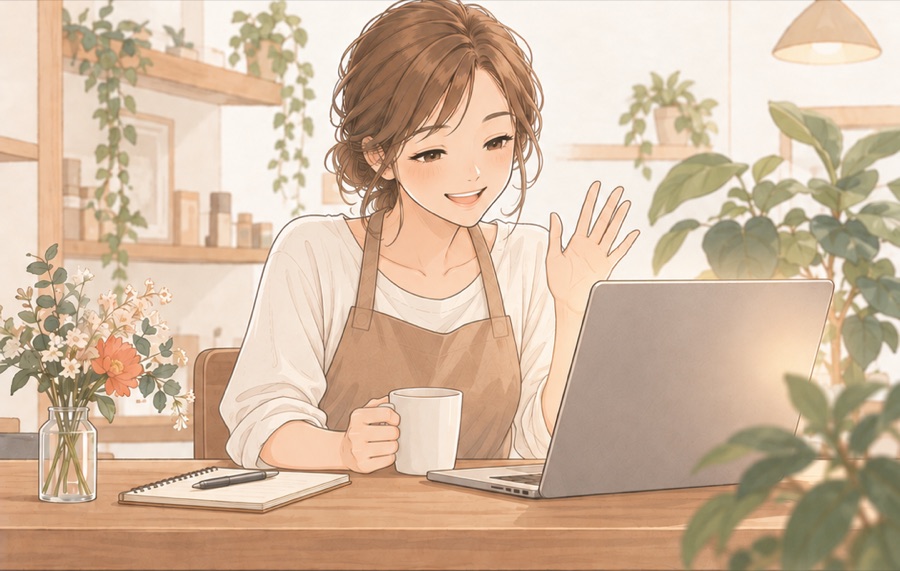 ノートパソコンでオンライン相談をする店舗オーナーのイラスト